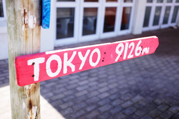 Direction sign in the small coastal town of Kleinmond, Western Cape, South Africa, shows the distance to Tokyo, Japan.