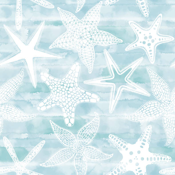 seestern auf blauem aquarellhintergrund. nahtloses vektormuster. perfekt für tapeten, verpackungen, stoffe und textilien. - starfish wave stock-grafiken, -clipart, -cartoons und -symbole