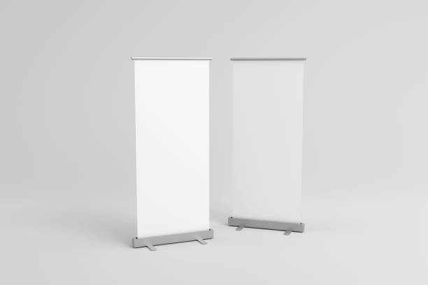 Blank white roll-up banner front and side set display mockup, isolated, 3d rendering