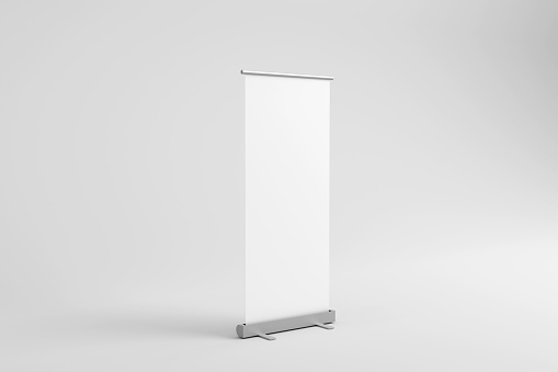 Blank white roll-up banner display mockup, isolated, 3d rendering.