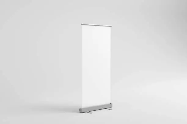 Blank white roll-up banner display mockup, isolated, 3d rendering.