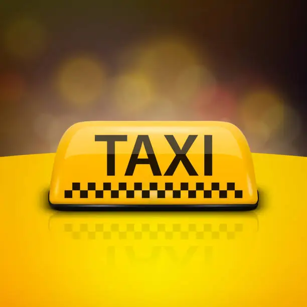 Vector illustration of Vector 3d Realistic Taxi Car Roof Sign Icon Set Closeup on the Roof of a Car on a Blurred Background. Yellow French Taxi Sign, Design Template for Taxi Service, Mockup. Front View