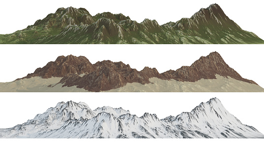 3D render different season mountains on white background