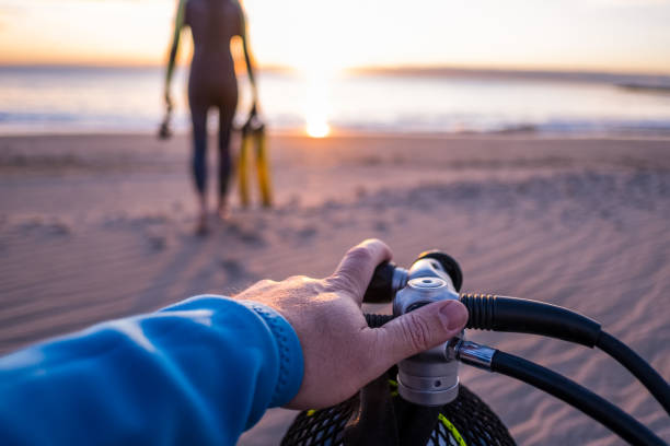 hände einer person, die tauchausrüstung am strand im morgengrauen vorbereitet. standpunkt. - oxygen tank underwater diving diving wetsuit stock-fotos und bilder