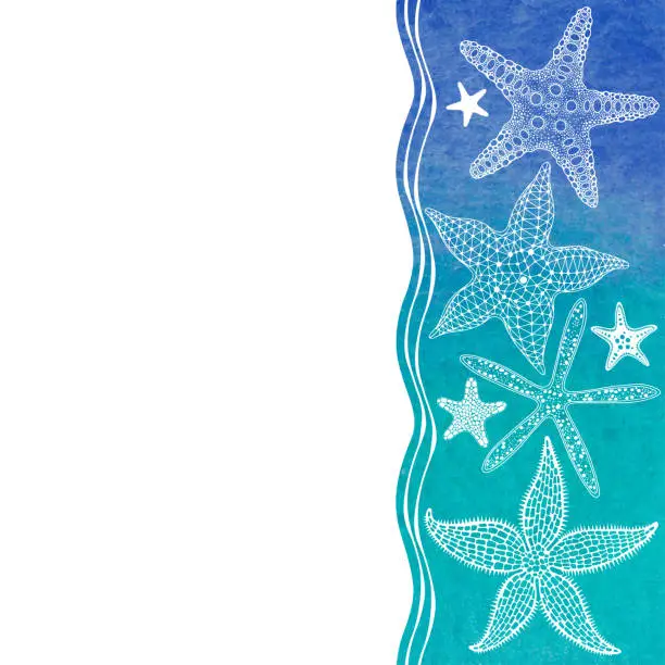 Vector illustration of Sea background with starfish, watercolor element and place for text. Vector. Invitation, greeting card or an element for your design. Vertical composition.