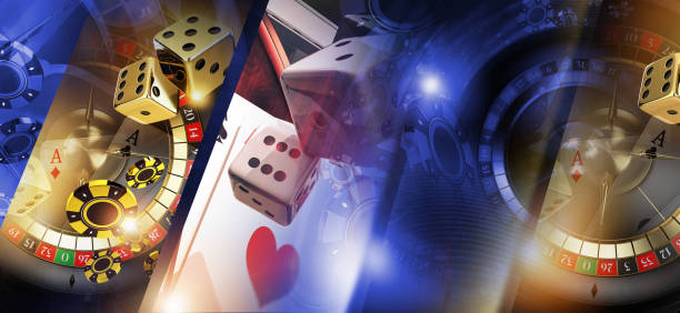 Sliced Las Vegas Casino Collage Concept. Games Like One Handed Bandits Slot Machines, Roulette Wheel and Craps. 3D Rendered Illustration.