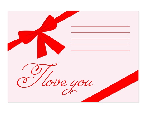 Vector illustration. Envelope with red bow and ribbon. Greeting card. I love you