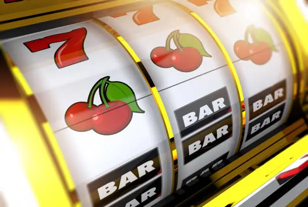 Spinning Golden Casino Slot Machine Reel Concept 3D Rendered Illustration. Gambling Theme.