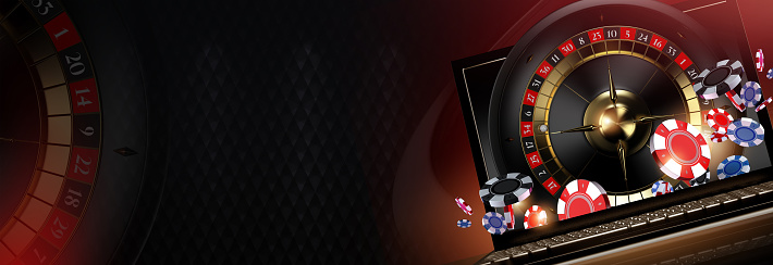 Online Casino Roulette Games Concept 3D Rendered Illustration Banner with Classic Roulette Wheel and Casino Tokens Chips. Dark Black Background