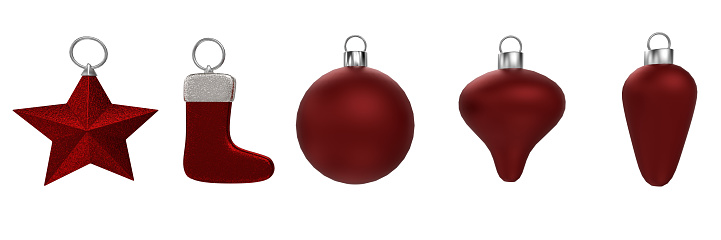 Set of red coloured Christmas tree decoration baubles. Isolated 3D rendering.