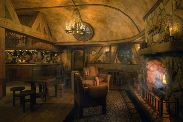 istock Armchairs by the fire in an old medieval tavern bar in the evening. 3D rendering. 1457707894