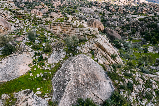 Drone View of Ancient Wall Ruins on Rocky Mountain