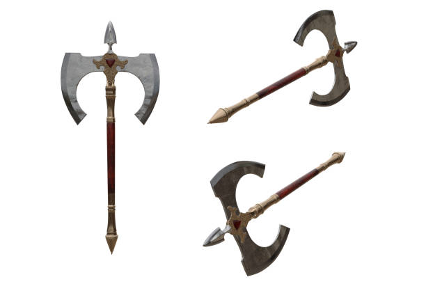 istock Double headed medieval battle axe. Isolated 3d illustration with 3 angles. 1457708550