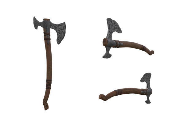 istock Medieval Viking bearded axe weapon. 3D illustration isolated set of 3 different angles. 1457708588