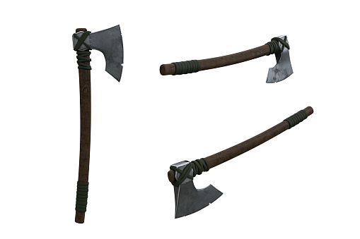 Viking bearded axe medieval weapon. 3 angles 3d illustration isolated.