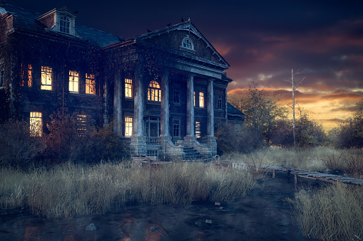 This old abandoned house could've been called a mansion in its time. Now just a vacant home. Note the outline in the window under the chimney (zoom\nin a little)