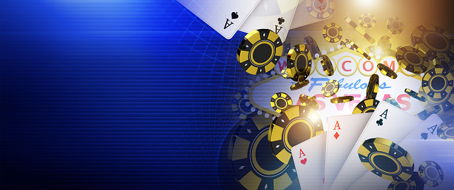 Gaming Industry Las Vegas Casino Conceptual Banner 3D Rendered Illustration with Playing Cards and Chips. Left Side Copy Space.