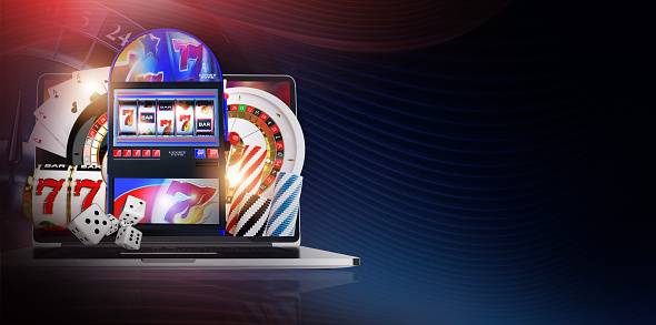 Online Internet Casino Concept 3D Illustration. Casino Games Coming Out From a Computer Screen. Right Side Copy Space.