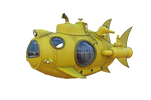 Steampunk concept yellow fish shaped submarine. Isolated 3D illustration.