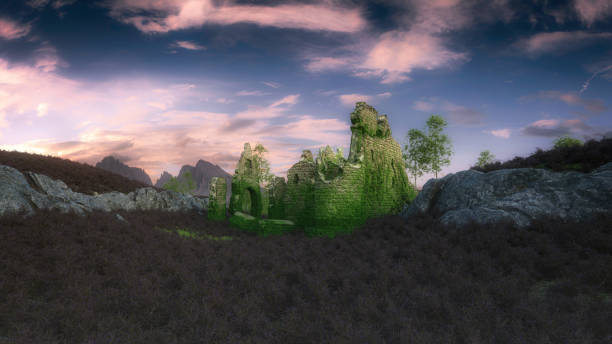 istock Fantasy ruined medieval castle in the highlands surrounded by heather. 3D rendering. 1457709243