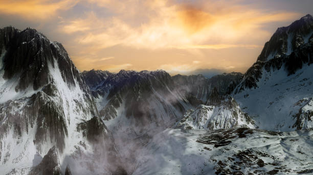istock Scenic view high in a snow covered mountain range above the clouds. 3D rendering. 1457709258