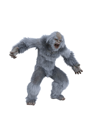 Fantasy mythical Yeti creature in aggressive pose with angry expression. 3D rendering isolated.
