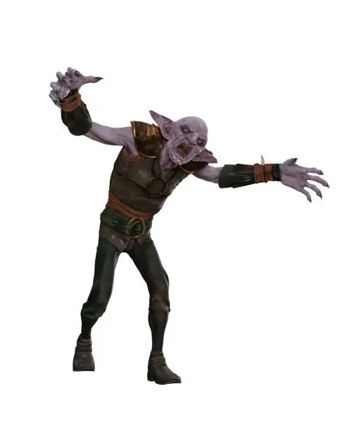 Evil fantasy goblin vampire creature attacking with outstretched arms and sharp claws. 3D rendering isolated.