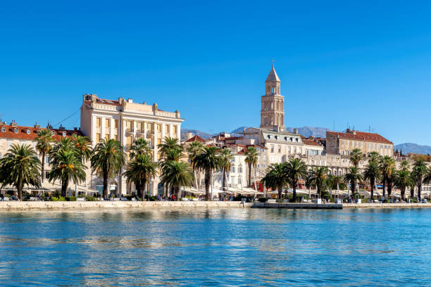 Old town Split, view from Mediterranean sea, Dalmatia, Croatia Beautiful view of harbor and waterfront in old town Split, Dalmatia, Croatia split croatia stock pictures, royalty-free photos & images
