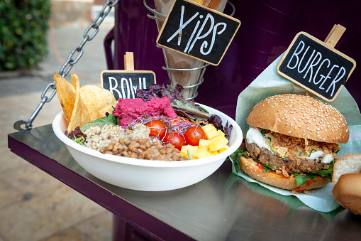 Salad bowl,burger and chips , Street food