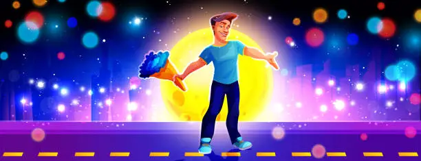 Vector illustration of A young man with a bouquet of flowers on the background of a night city with city buildings, a road against the background of a night sky with stars. Creative vector illustration in cartoon style.