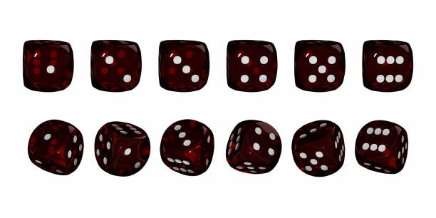 casino 3d dados rojo render establecido en blanco, cubo de juego rodante, cuadrado de juego transparente realista. - number number 5 three dimensional shape glass fotografías e imágenes de stock