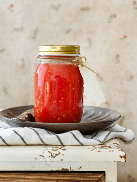Tomato sauce in glass jars, Tomato Paste in a Jars, Tomato sauce stock photo