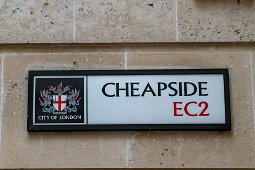 London City street sign, London, England, UK. This is for Cheapside in the Financial District near The Bank of England.