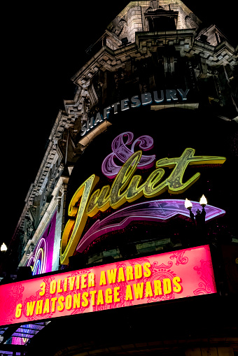 November, 2022. The Shaftesbury Theatre showing the award winning & Juliet musical. London, England, UK.