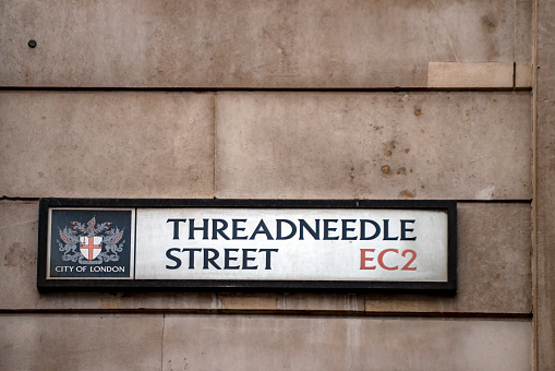 London City street sign, London, England, UK. This sign is for Threadneedle Street which is the street that the Bank of England resides and why it is sometimes called 'The Old Lady of Threadneedle Street'