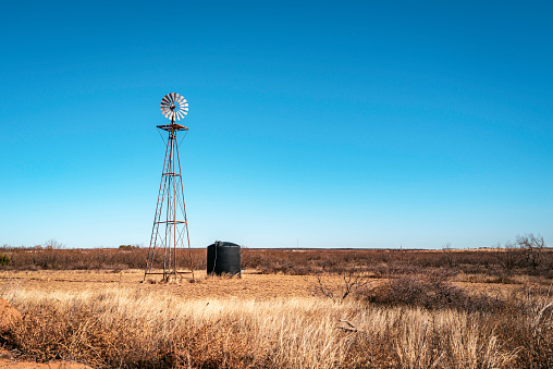 Rustic windmill, black water tank, and dried wildplants in the cattle pasture alongside rural road, Heartland of America wintry landscape in the Lone Star State of Texas, USA