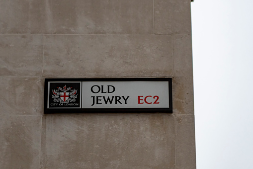London City street sign, London, England, UK. This is for Old Jewry in the Financial District near The Bank of England.