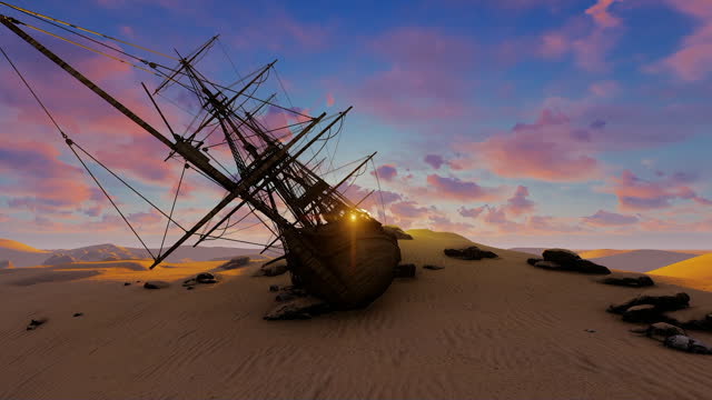 Sailing wooden ship is in the ancient sands at the bottom of the dried sea