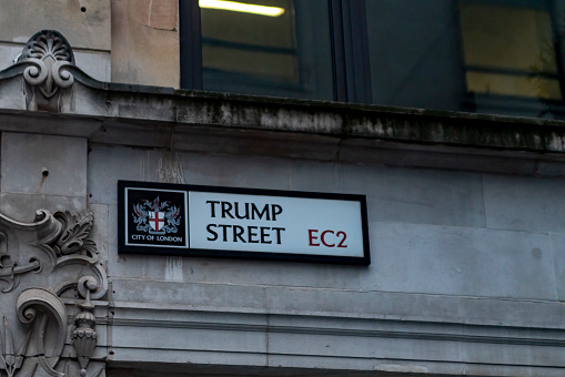 London City street sign, London, England, UK. This is for Trump Street in the Financial District near The Bank of England.