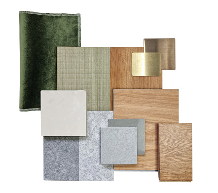 group of interior material samples including gold stainless, wooden veneer, green velvet fabric, grey tiles, artificial stones, vinyl flooring tile isolated on background with clipping path.