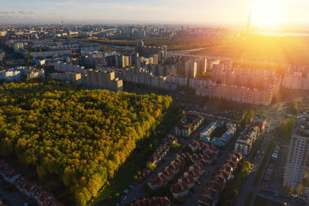istock Autumn city aerial panorama view from drone. Fall nature 1457716734