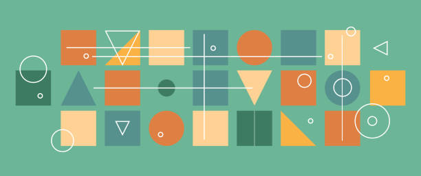 최소한의 기하학적 추상 배경. 현대 미술 중반 세기 원형 사각형과 삼각형의 패턴. 파란색 녹색 주황색과 노란색 모양과 배너 또는 비즈니스 템플릿의 윤곽선 디자인 요소 - peach dark peaches backgrounds stock illustrations