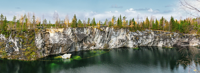 Panorama view of mountain park Ruskeala at autumn season. Marble canyon in Sortavala region of Republic of Karelia.