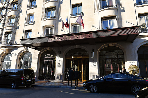 Paris, France-01 18 2023: The Prince de Galles hotel, created in 1928 is a Parisian hotel , located at 33 avenue George-V , in the 8th arrondissement  of Paris , France .