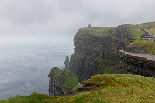 The Cliffs of Moher are sea cliffs located at the southwestern edge of the Burren region in County Clare, Ireland. They run for about 14 kilometres