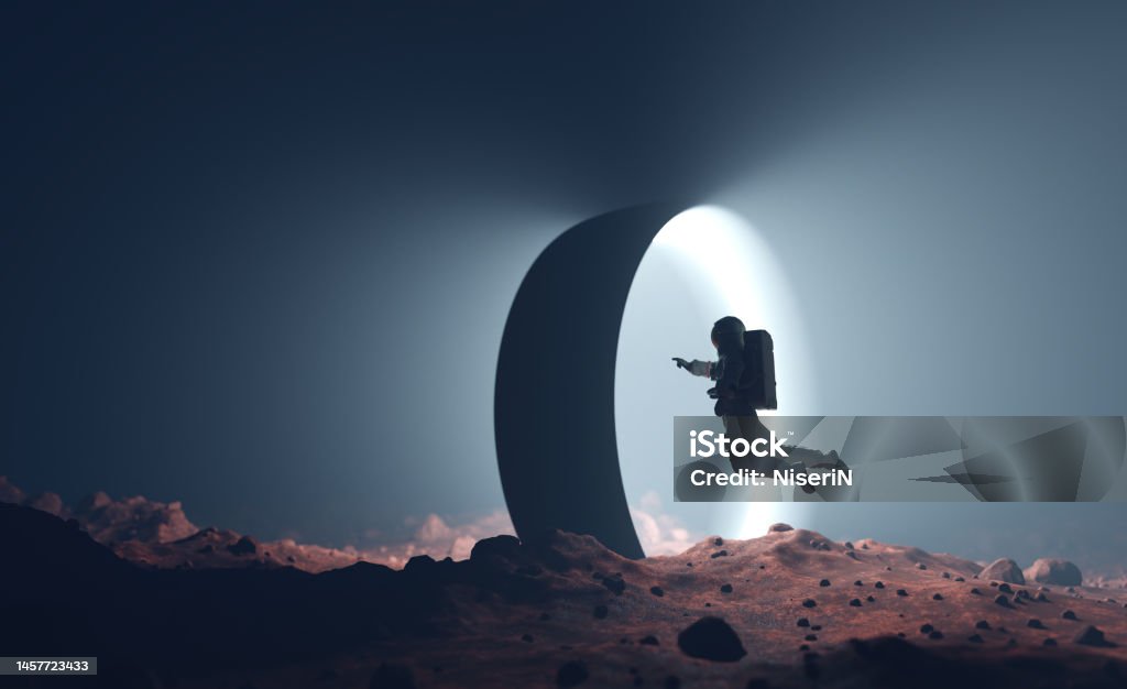 Astronaut on alien planet entering spacetime portal light Astronaut on alien planet entering spacetime portal light. Science fiction universe exploration. 3D render Astronaut Stock Photo
