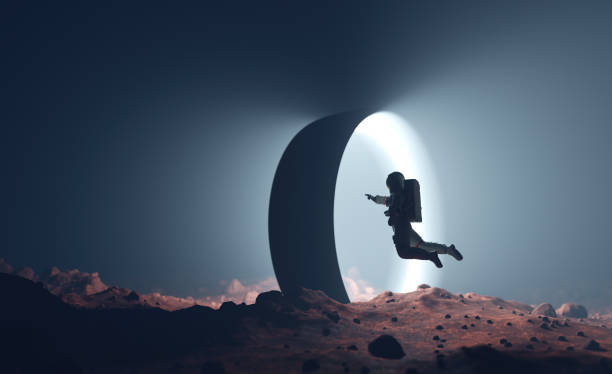 Astronaut on alien planet entering spacetime portal light Astronaut on alien planet entering spacetime portal light. Science fiction universe exploration. 3D render parallel stock pictures, royalty-free photos & images