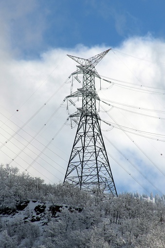 Transmission tower (electricity pylon) in snow (Artin, Türkiye)