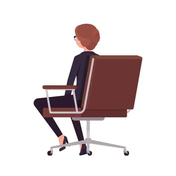 Vector illustration of Elegant female business assistant, classic pant suit woman sitting rear