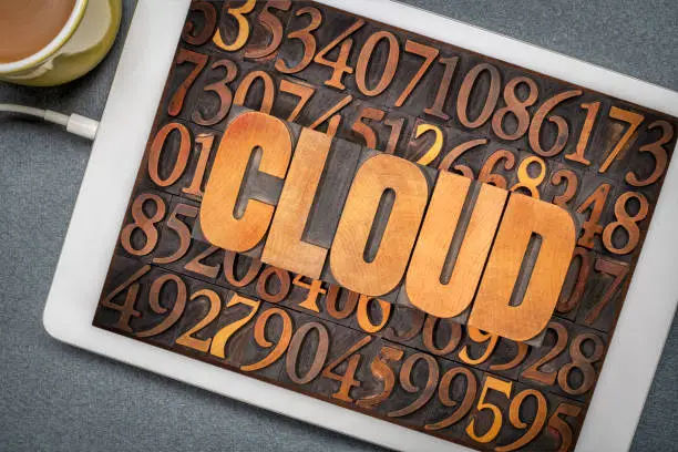 cloud computing concept - word in vintage letterpress wood type against numbers on a digital tablet